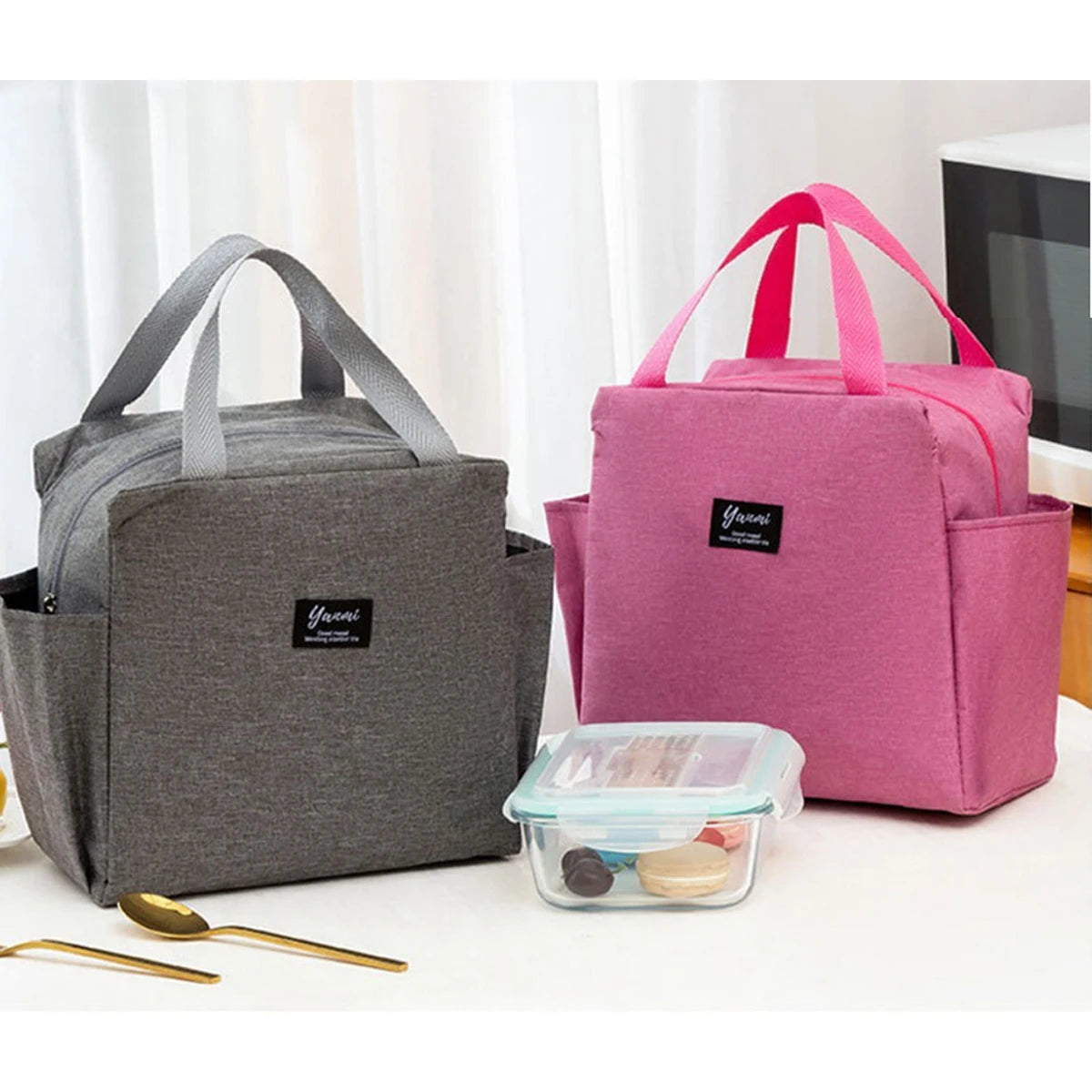 Bolsa de almuerzo portátil con doble bolsillo, lonchera térmica de lona, bolsa de almuerzo escolar, lonchera portátil, almacenamiento de alimentos para picnic