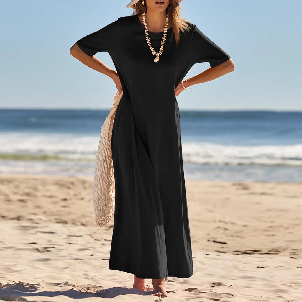 Women's Elegant Slim Fit Maxi Dresses Solid Short Sleeve O Neck With Pockets Ankle Length Dresses Casual Beach Holiday Dresses