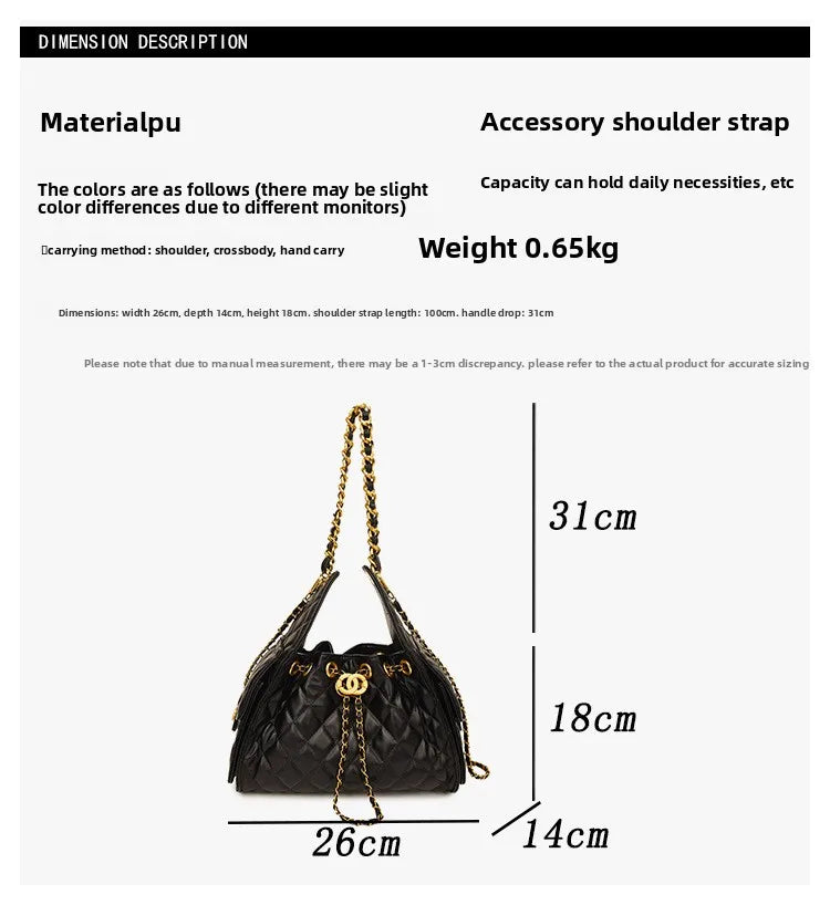 Quilted shoulder underarm bag, large-capacity hobo bag, bucket drawstring chain crossbody bag, women's handbag