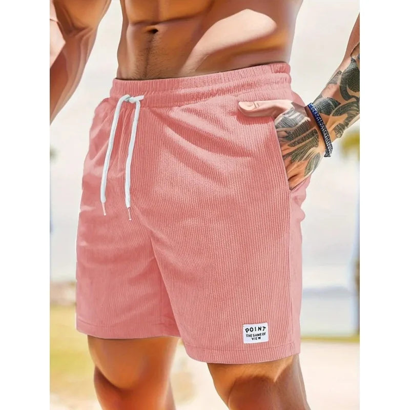 Summer Men's Solid Corduroy Shorts with Drawstring Casual Elastic Waist Fit for Outdoor Daily Activities Streetwear