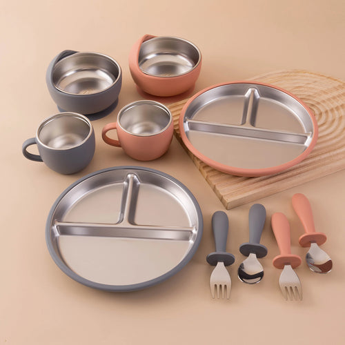 Color Kids Baby Feeding Set 5Pcs Stainless Steel Silicone Tableware For Infants Easy Grip Plates Bowls