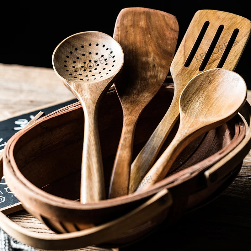 Cucharas de madera para cocinar de 9 piezas, utensilios de madera para cocinar con soporte para utensilios, juego de utensilios de cocina de madera de teca