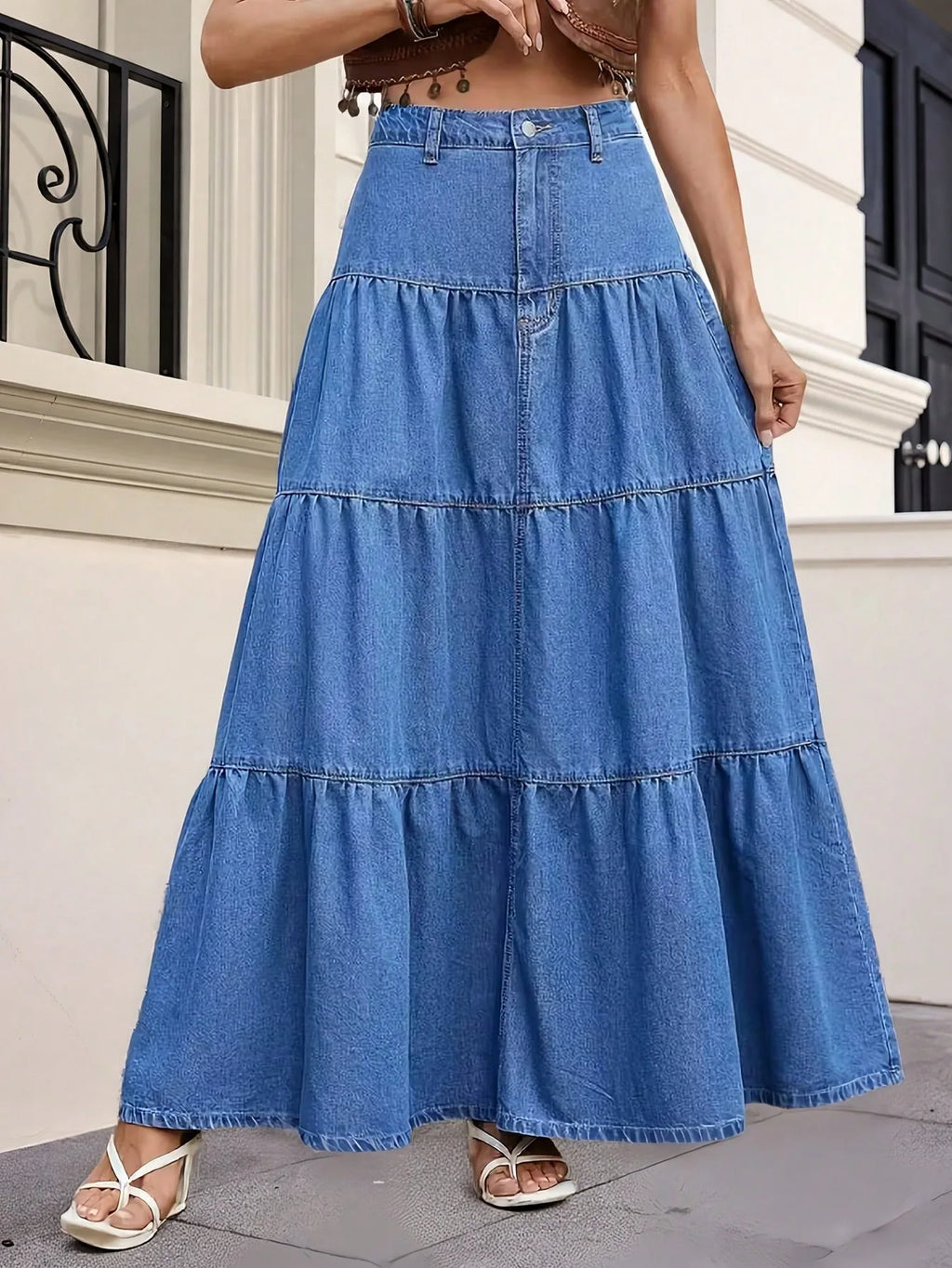 Maxi Skirts Boho Style Cotton Women's Skirt Femme High Waist Denim Skirts Mujer Vacation Bottoms A-line Layered Skirt Streetwear