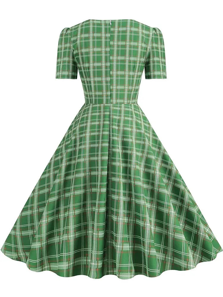 Pink Plaid Swing Party Dresses Women Elegant Vintage Square Collar Short Sleeve Casual Summer Dress