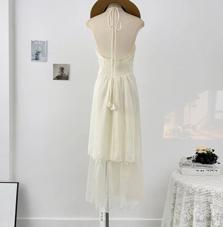 French style three-dimensional flower hanging neck lace-up dress women's summer vacation style sexy backless big swing skirt