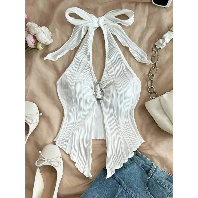 Summer for Women Sleeveless Top Clothes Solid Split Backless Women Sexy V-neck Halter Neck Crop Top