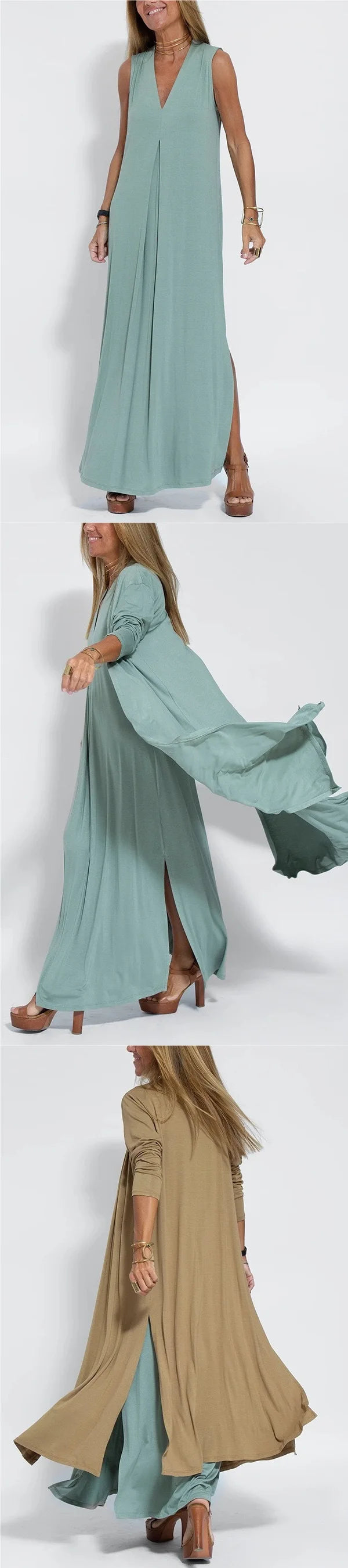 Spring Summer 2026 New Style Pure Color V-Neck Pullover Dress Cardigan Set Women's Versatile Long Skirt Casual Comfortable