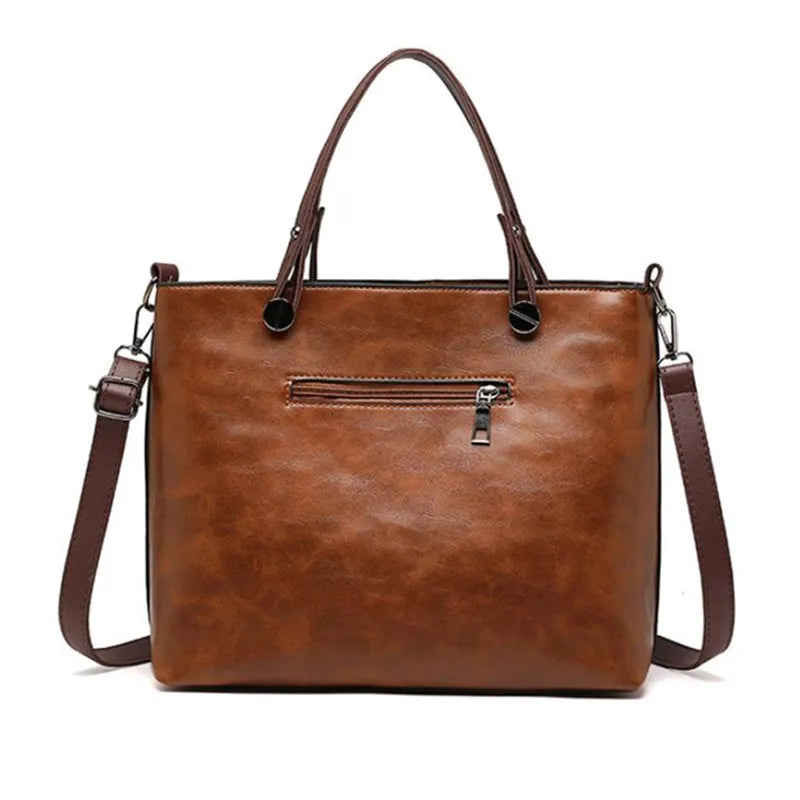 Retro Leather Handbag Shoulder Bag for Women with Double Pocket, Large Capacity, Vintage Lady's Tote Bag, Simple Crossbody Bags