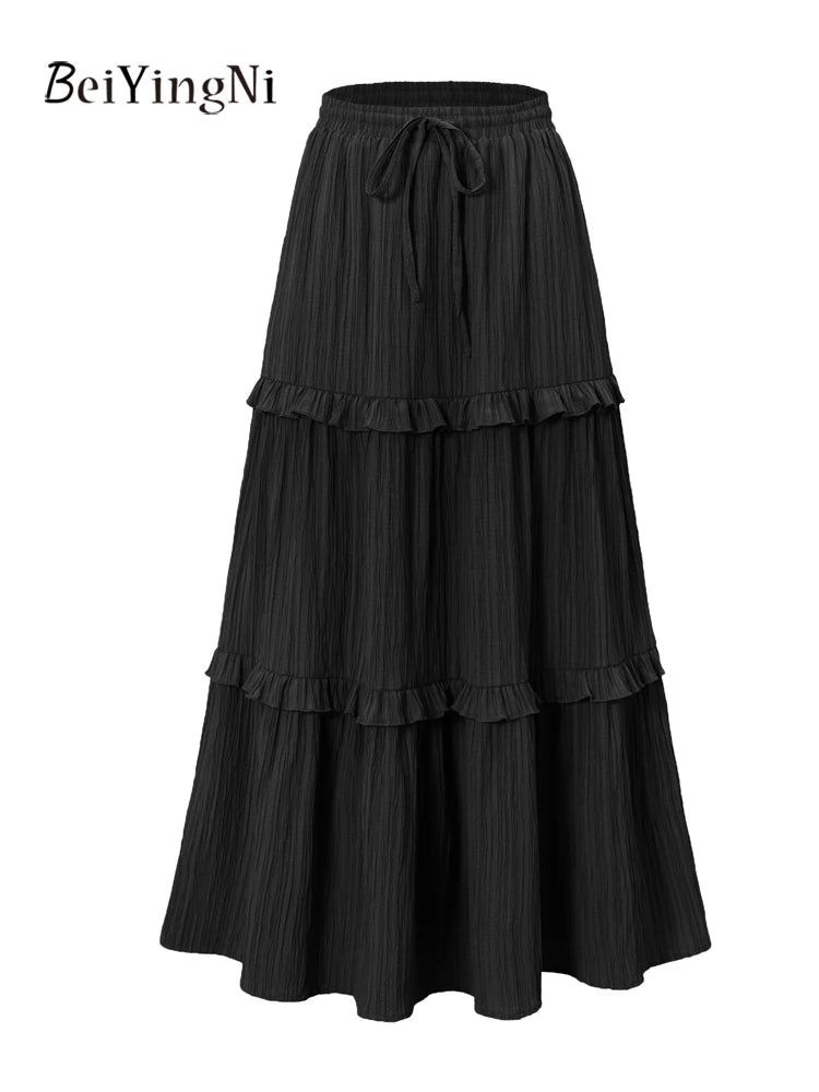 Beiyingni 2025 New In Women's Skirt Pure Color Leisure Fashionable Lace-up A-line Long Maxi Skirts Female Simple Slim Faldas