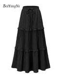 Beiyingni 2025 New In Women's Skirt Pure Color Leisure Fashionable Lace-up A-line Long Maxi Skirts Female Simple Slim Faldas