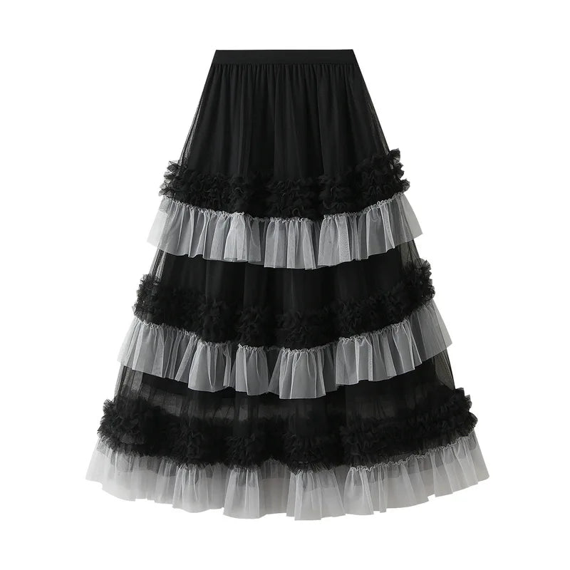 Autumn and Winter New Color Scheme Fashionable Dress for Women Big Swing Yarn Skirt Sweet Lace Pleated Edge Dancing Skirt 1391