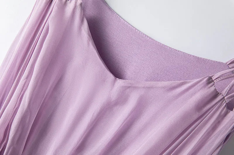 100%Real Silk Elegant Dresses, Women Sleeveless Elastic Waist, Beach Vacation Fairy Dress, 2024 Summer Fall