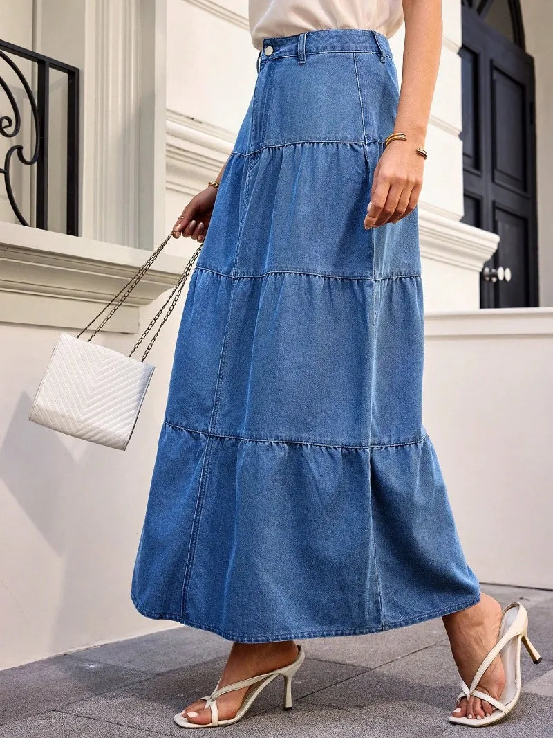 Maxi Skirts Boho Style Cotton Women's Skirt Femme High Waist Denim Skirts Mujer Vacation Bottoms A-line Layered Skirt Streetwear