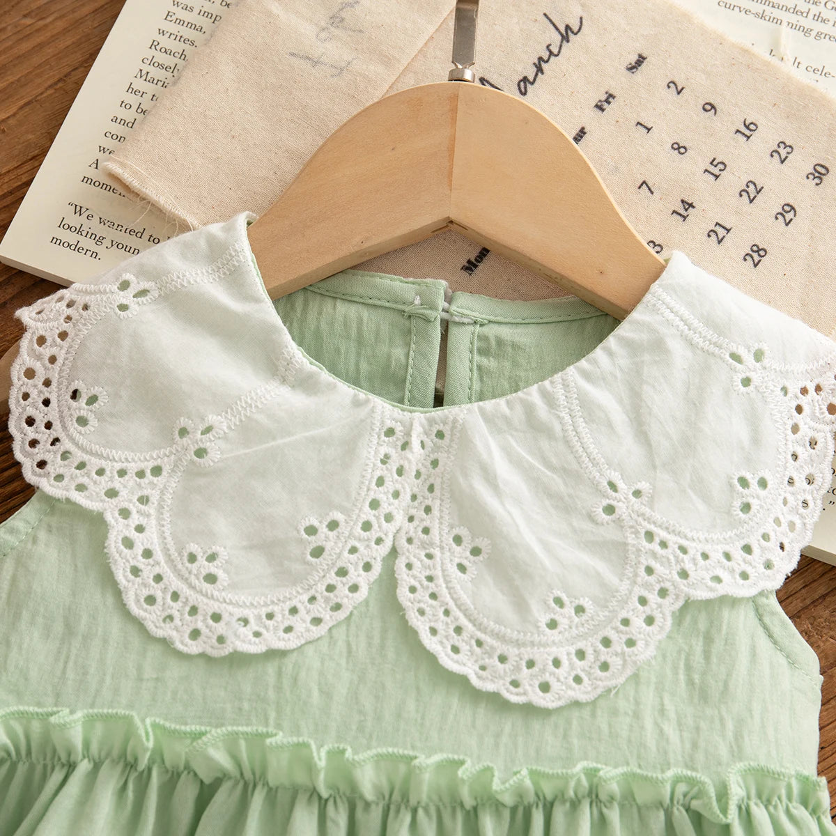 Baby Girl Dress Summer Cotton Solid Color Lace Edge Sleeveless Girls Dresses Simple Casual Beach Baby Girl Clothing
