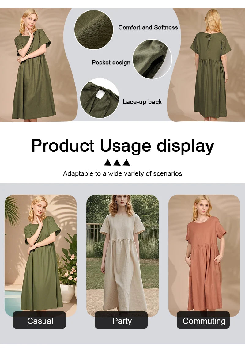 Women Cotton Linen Midi Dresses Summer Chic Female Vestidos Loose A-Line Dress Short Puffy Sleeve Casual Sundress