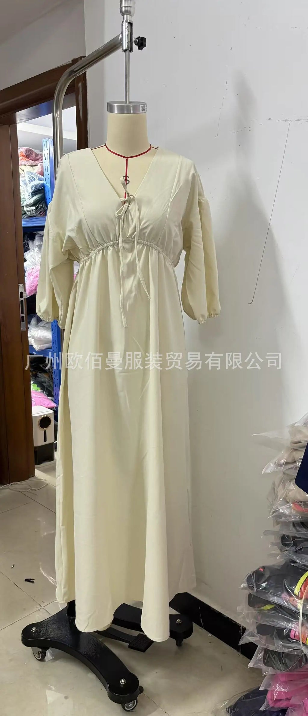 Dress Women Dresses A Line Puff Sleeve Vestidos V Neck Elastic Waist Elegant Mid Length Solid Y2k Streetwear Work Lace Up Summer