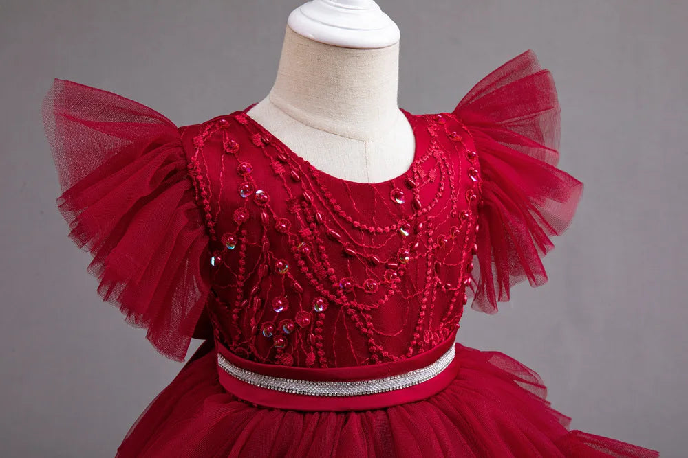 HETISO Girl Christmas Dresses Trailing Kid's Dress for Girls Retro Lace Sequined Children's Wedding Party Ball Gown 6 8 10 Years