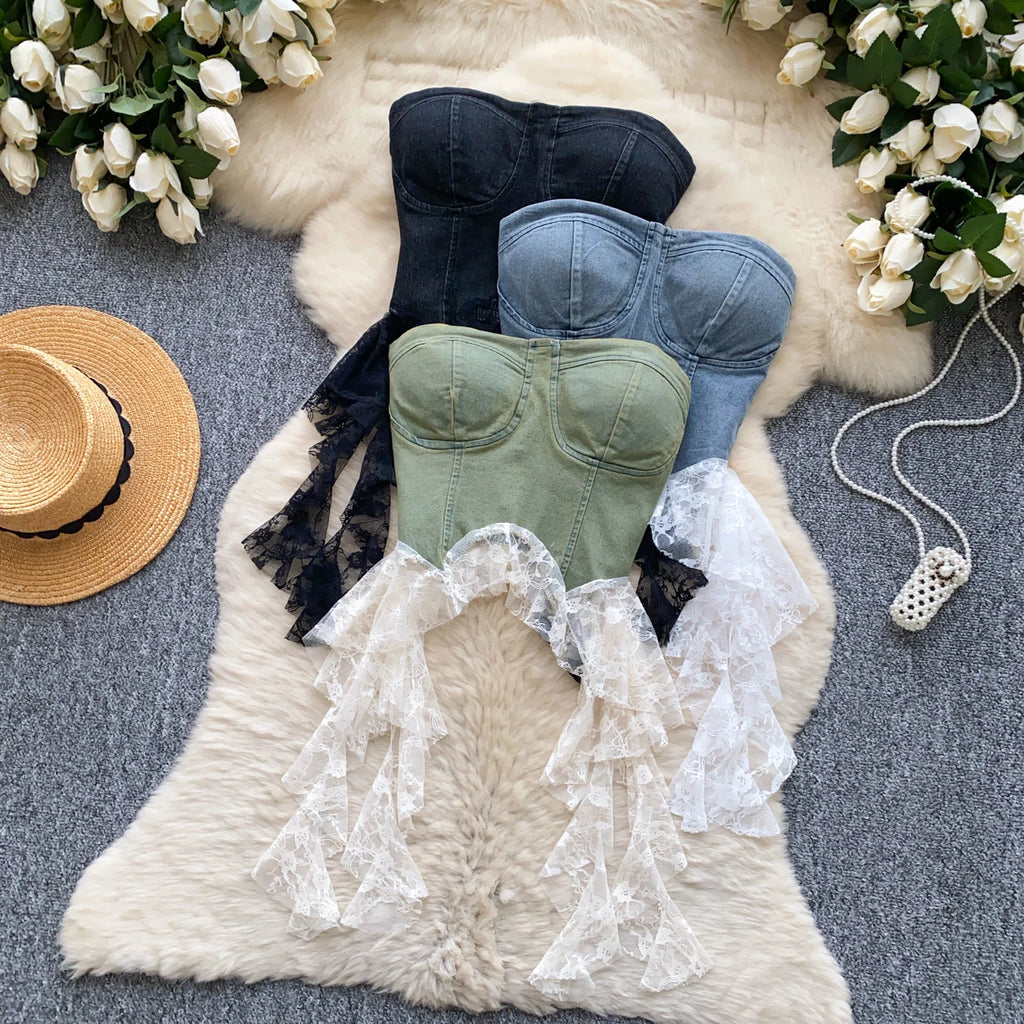 Sexy Spliced lace Chic Crop Top Korean Tanks Top Women Women Corset Bustier  women clothing