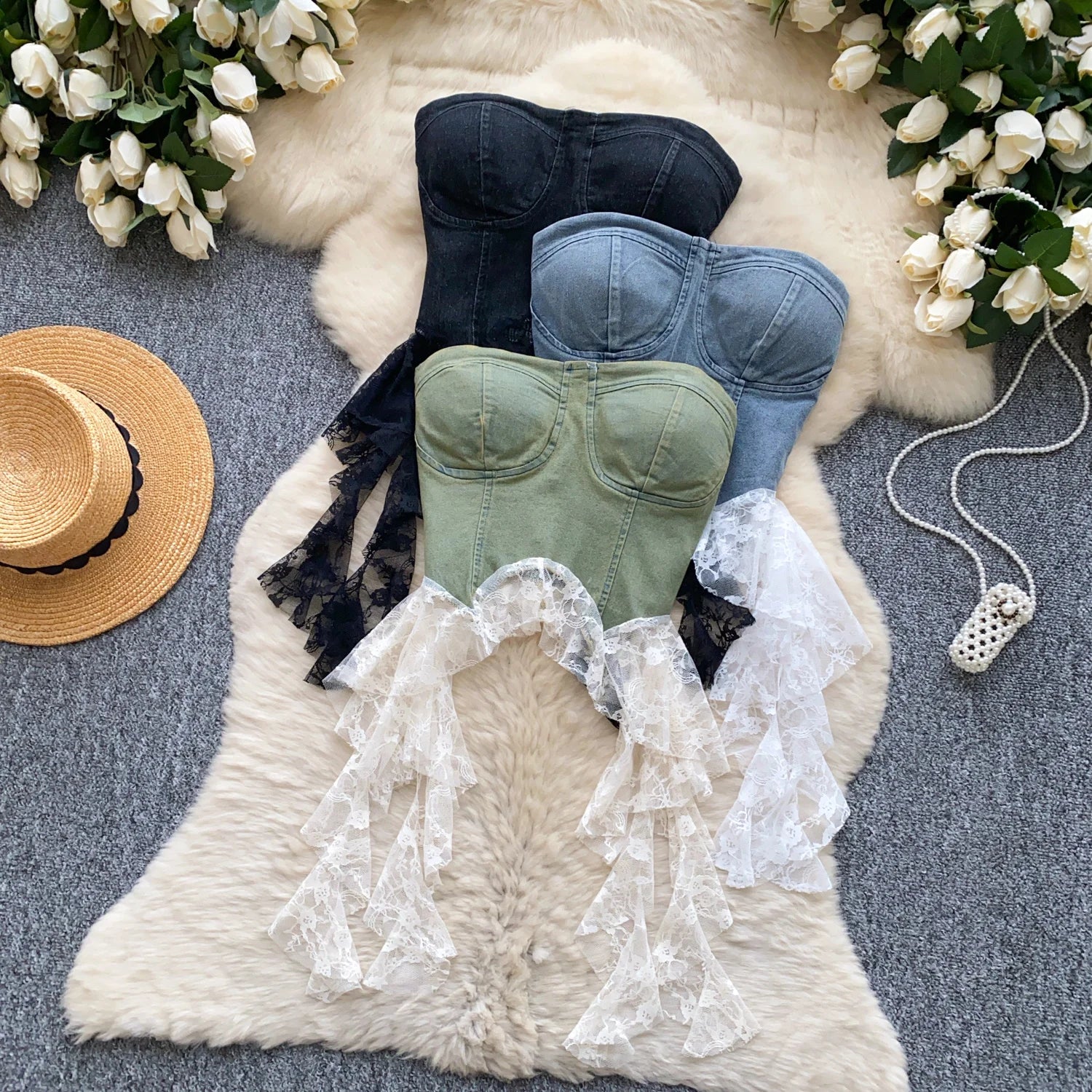 Sexy Spliced lace Chic Crop Top Korean Tanks Top Women Women Corset Bustier  women clothing