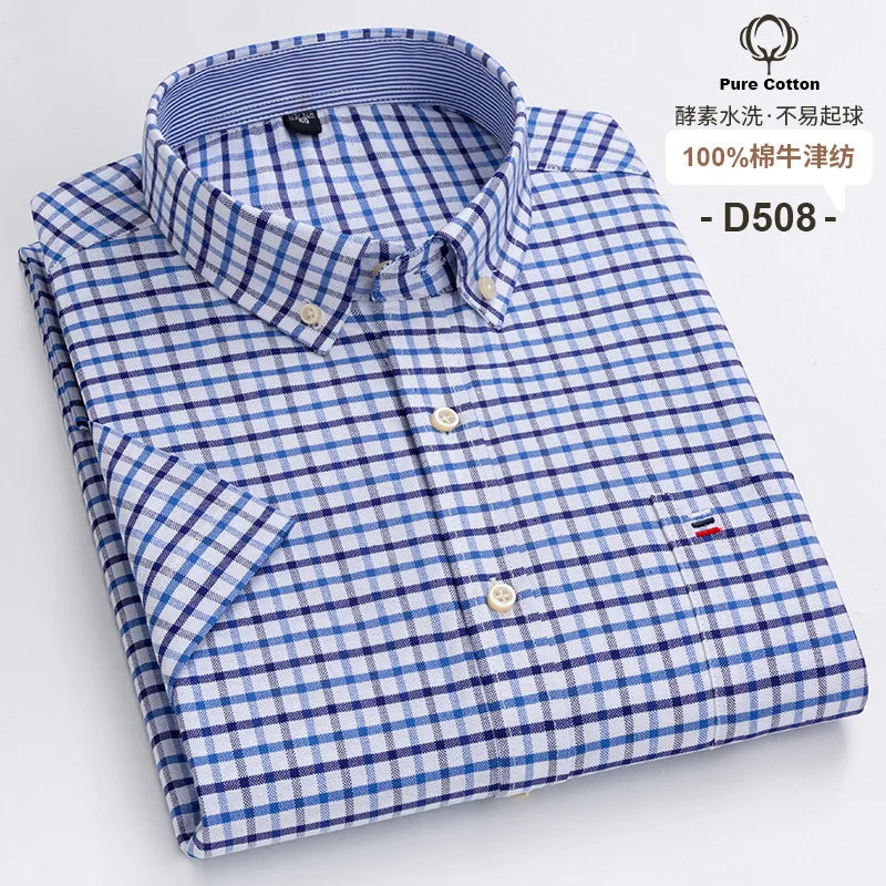 7XL Classic Men's Short Sleeve Shirt 100% Oxford Cotton Casual Plaid Stripe Shirt Business Men's Shirts Short Sleeve Large Size