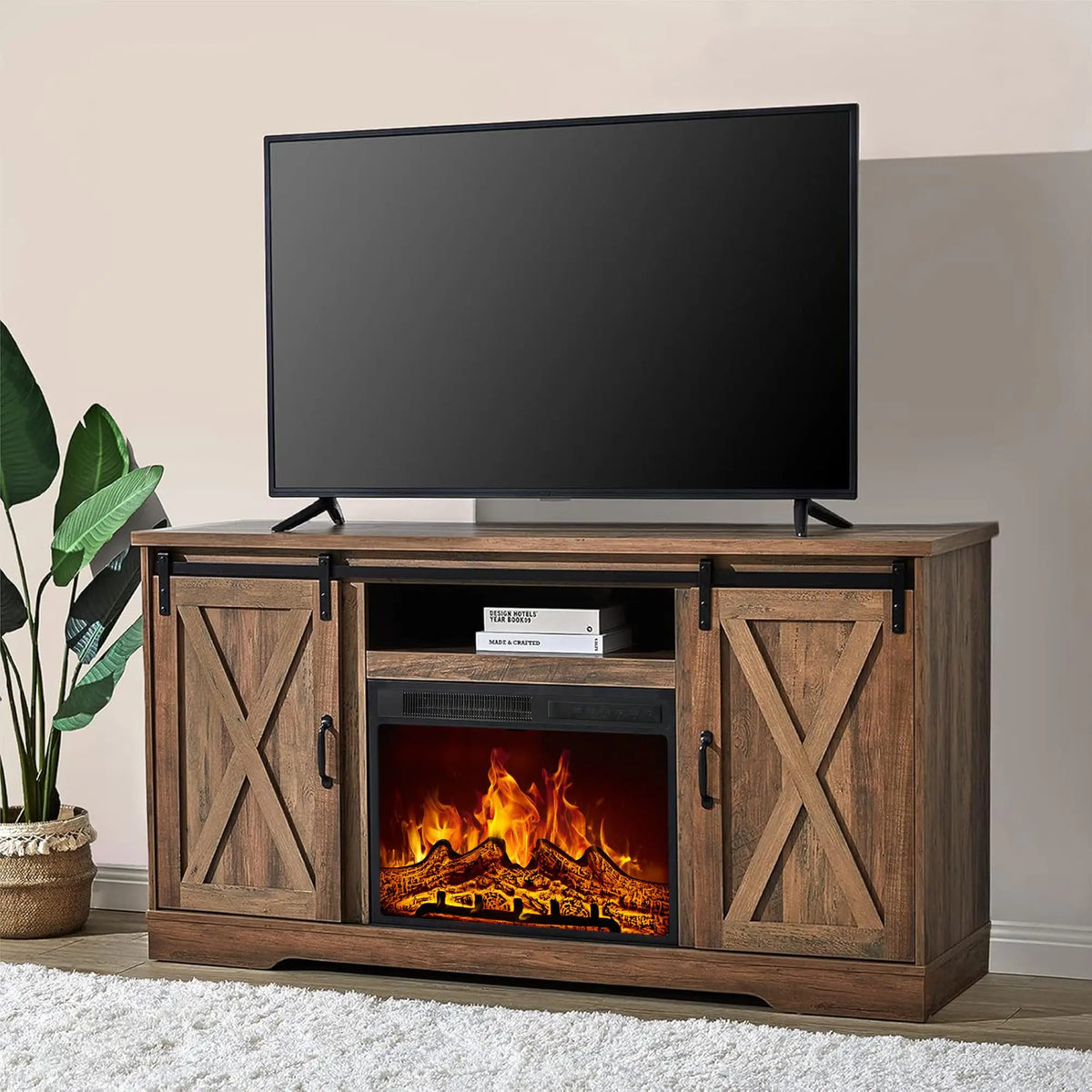 Amerlife Farmhouse Fireplace TV Stand with Sliding Barn Doors 59"