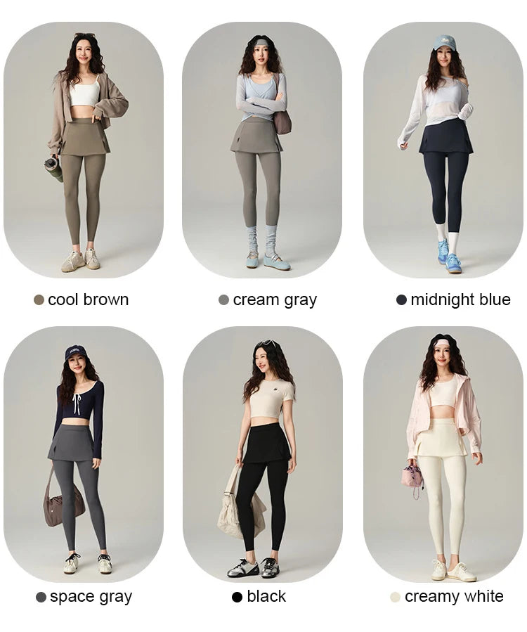 BIVIGAOS Fake Two-Piece Split Skirts Leggings Women Tennis Skirt Built-In Pockets Tight Sports Fitness Yoga Sharkskin Leggings