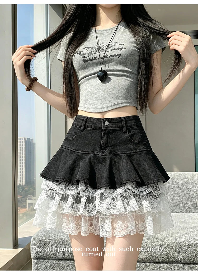 HotSweet Denim Patchwork Lace Mini Skirt 2026 Summer Ruffled Slimming A-Line Skirt For Women Streetwear Y2k Short Skirts