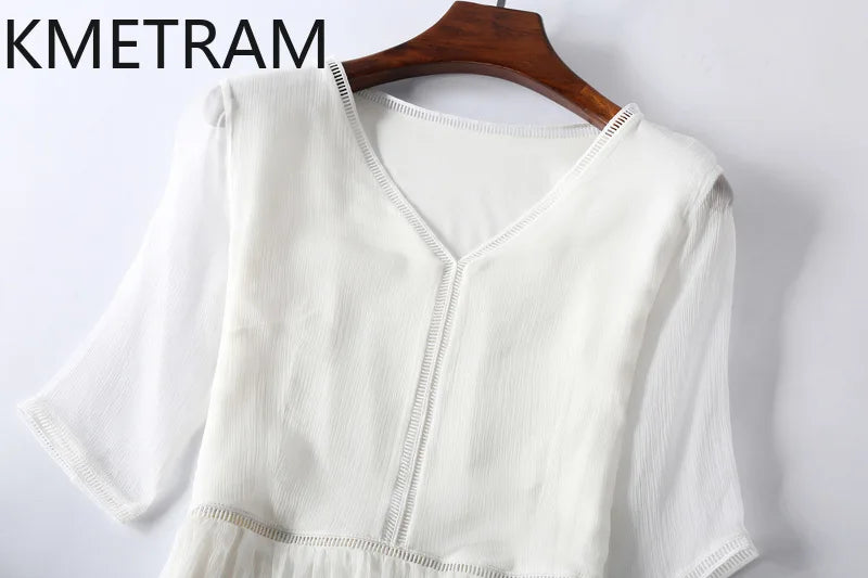 KMETRAM 100% Natural Mulberry Silk Dresses 2025 Woman Summer Elegant V-neck Long Dress Party Frocks Women Clothing Vestidos