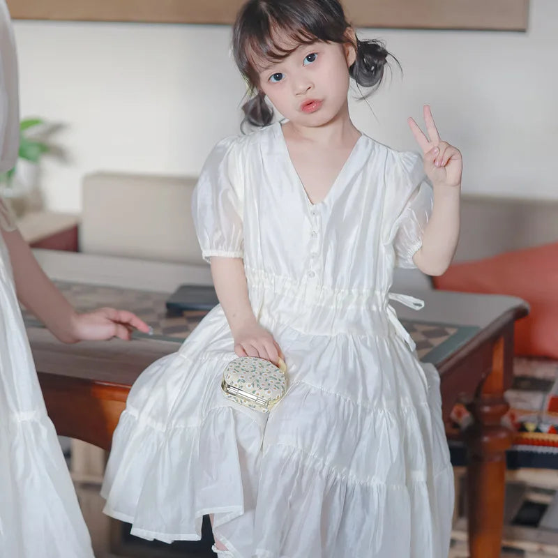 Family Matching Clothes Summer Dress Mother Daughter Solid Short Sleeve Dress Women Elegant Dress Girl Birthday Dress