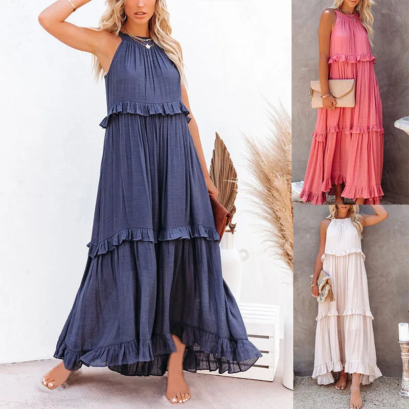 Women Halter Neck Maxi Dress Sleeveless Ruffle Tiered Loose Flowy Bohemian Beach Long Dress