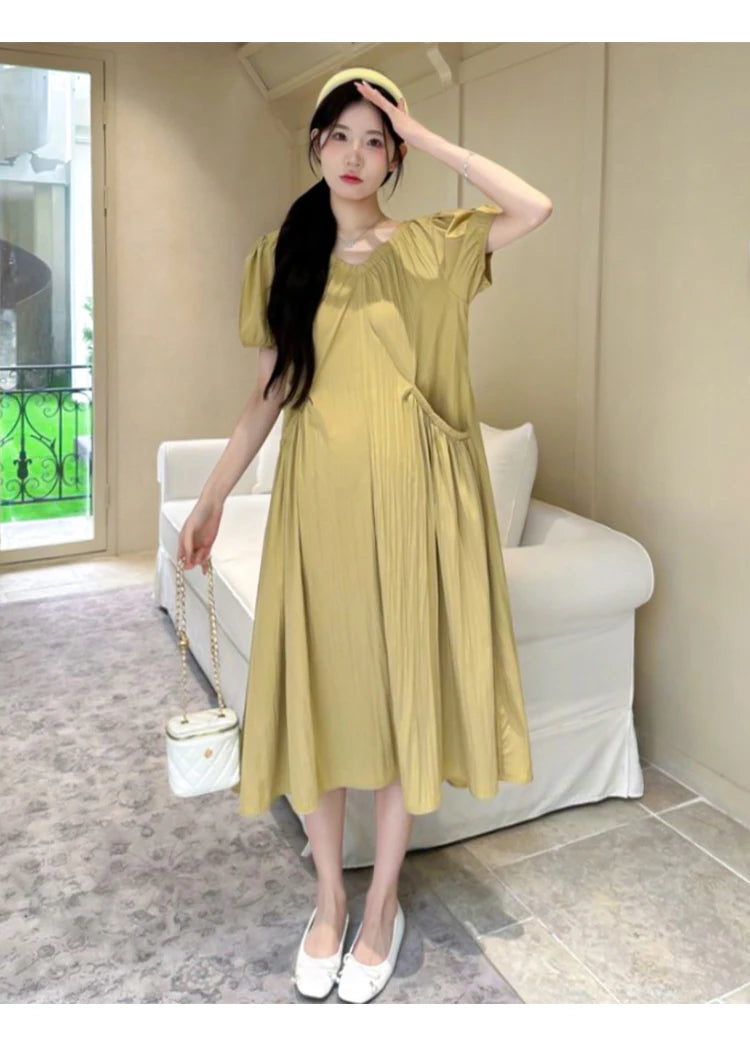 Korean Style Pregnant Woman Summer Dress with Pockets Puff Sleeve V-neck Maternity Pleated Dress