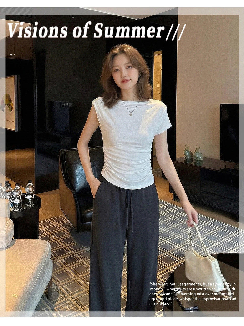 White Diagonal Shoulder Short Sleeve Crop Top 2026 Summer Solid Waist Pleated Women T-shirt Korean Style Minimalist Slim Tee
