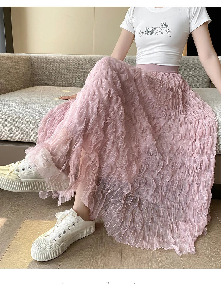 Elegant Pleated Midi Skirt, High Waist A-Line Flowy Maxi Skirts for Women, Soft Draping Skirt, Fairy Skirt for Spring Summer