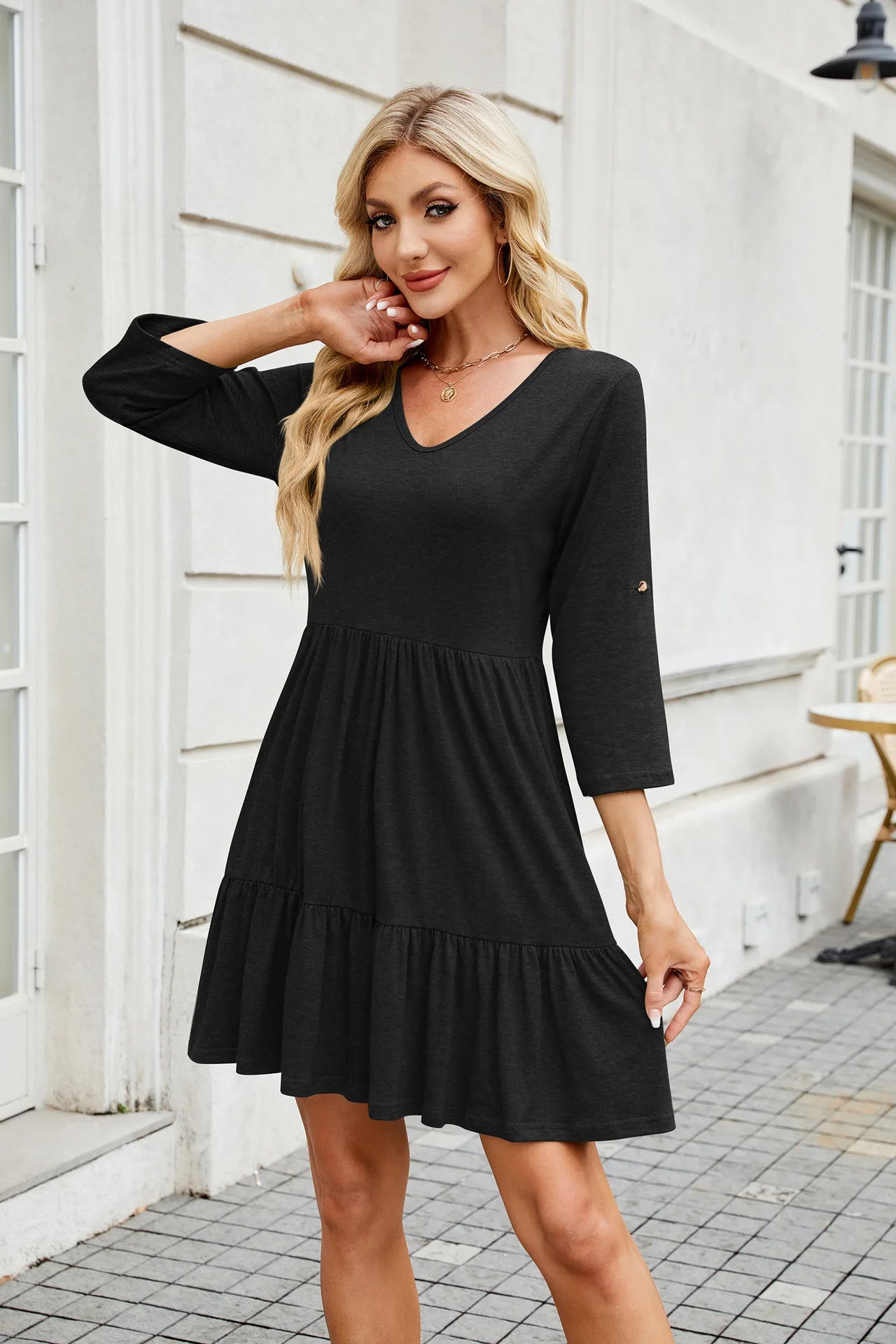Women Spring Summer Loose 3/4 Sleeve V-Neck Ruched Ruffled Flowy Midi Dress EU US