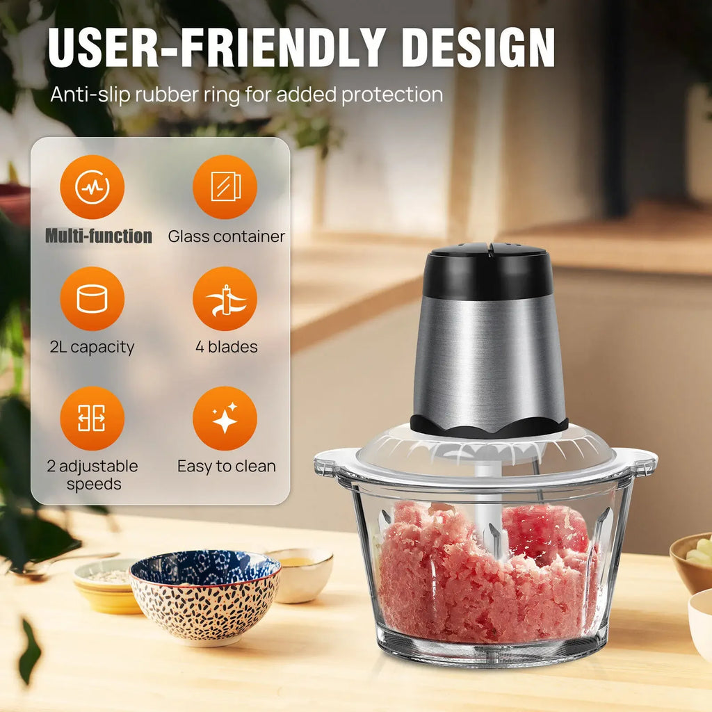 2L Electric Meat Grinder Food Chopper Stainless-Steel Blades Small Food Processor Removable Dicer 2 Speeds Meat Mincer