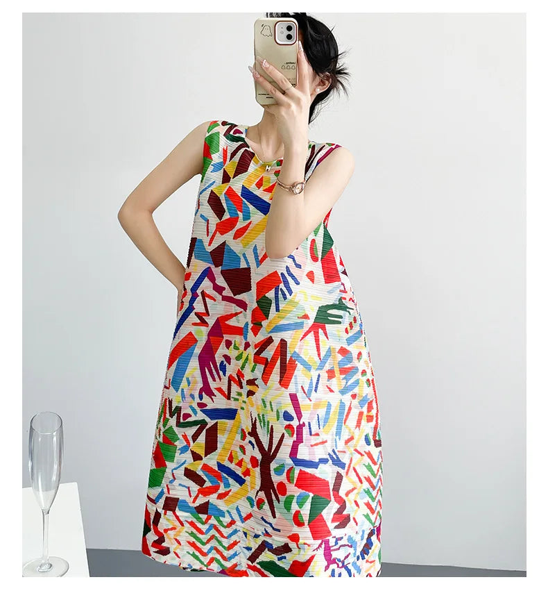 2026 Summer Retro Print Design Flared Dress Women Loose Fit Plus Size Fashion Elegant Sleeveless Dress Travel Vacation Wear