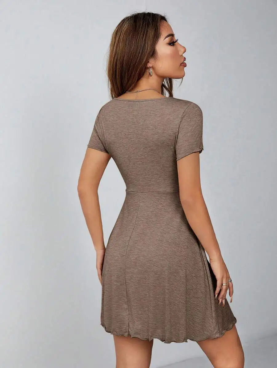 Lettuce Trim Drawstring Knot Front Summer Women Outfit Black Dress, Summer Dresses Spring Clothes, Women