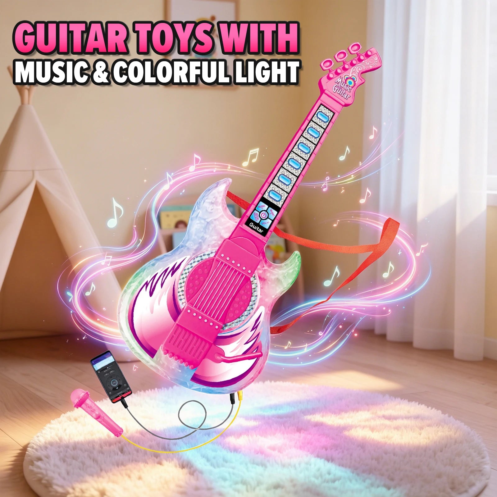 Karaoke Electronic Machine Children's Electric Light Multi-functional Guitar Instrument Set with Microphone Toys for Boys Girls