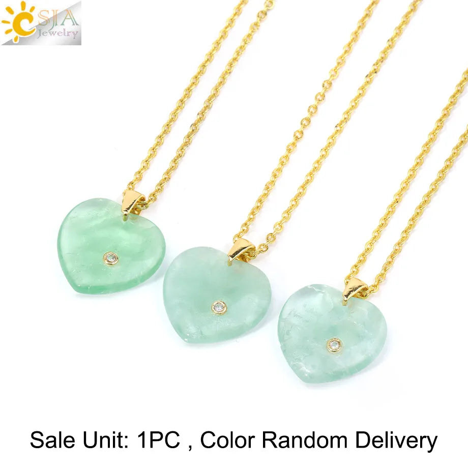 Csja Stainless Steel Heart Pendant Necklace With Natural Stone Amethyst Rose Quartz Crystal For Women DIY Jewelry Makers