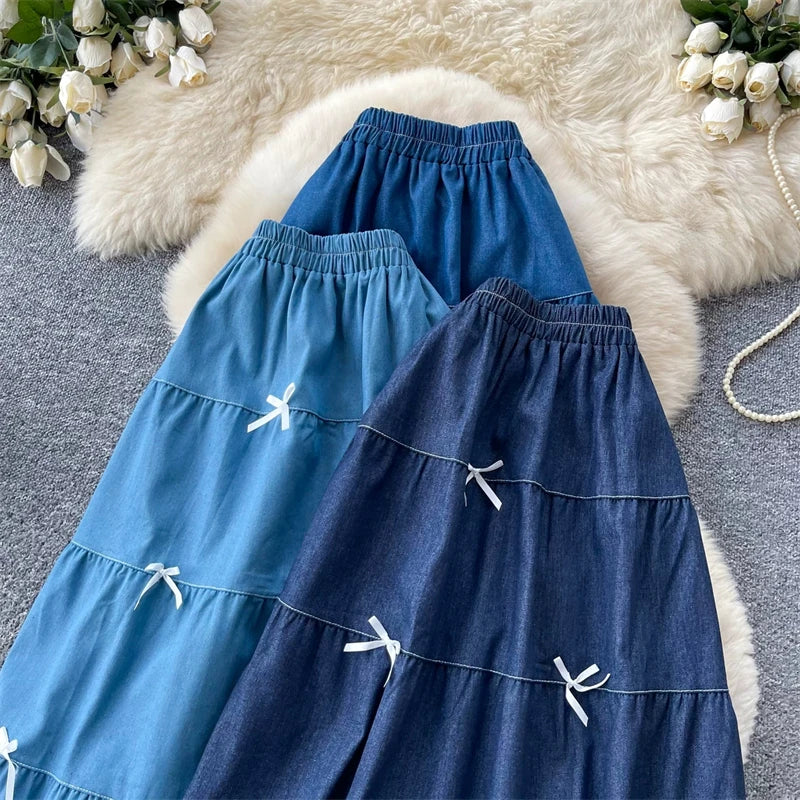 Karofi Vintage Cotton Layered Denim Skirt Women Elastic High Waist Bow Detail Flowy Long Casual A Line Long Midi Skirt