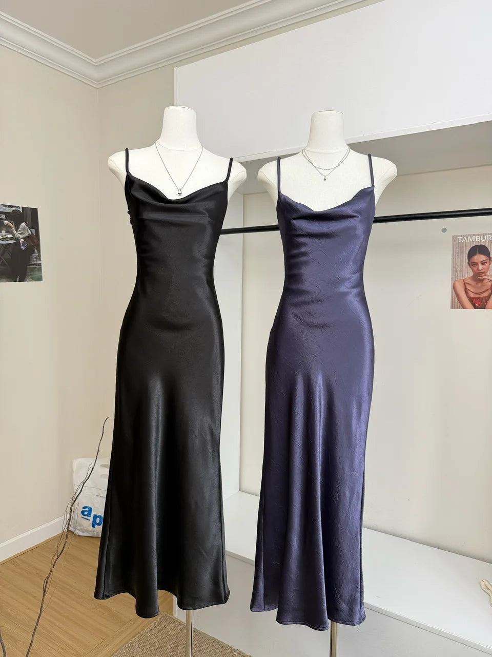 Women's Summer Sexy Swinging Collar Sheen Acetate Slim Long Dress Lady Sleeveless Strap Solid Color Satin Holiday Party Dress