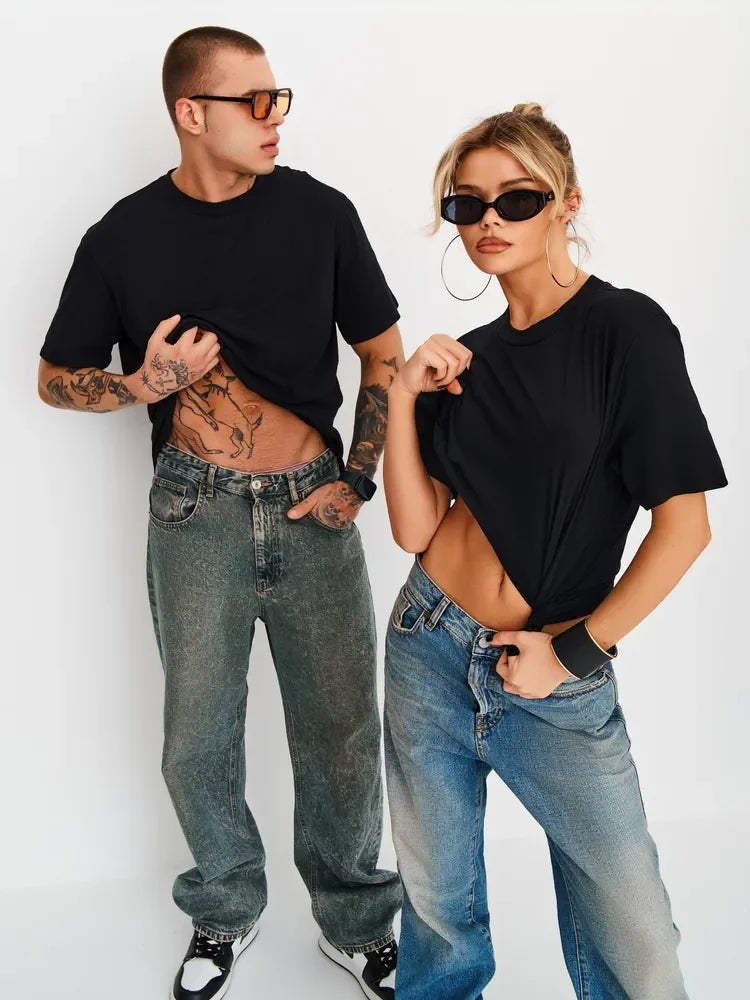 Solid Color Couple T-Shirts Four Seasons Basic Men'S And Women'S Short Sleeve Tees Tops Casual Breathable Oversized Sports T Shirt