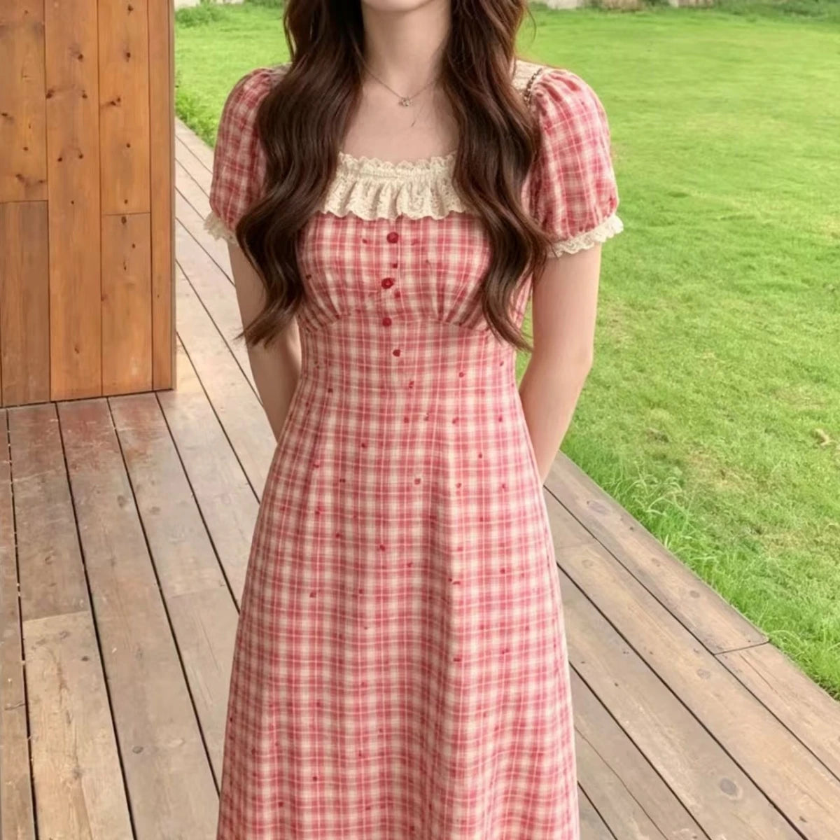 Retro Lace Red Plaid Heart Floral Summer Dress plus Size Waist Cinching Belly Covering Slimming Long A-Line Skirt Dress