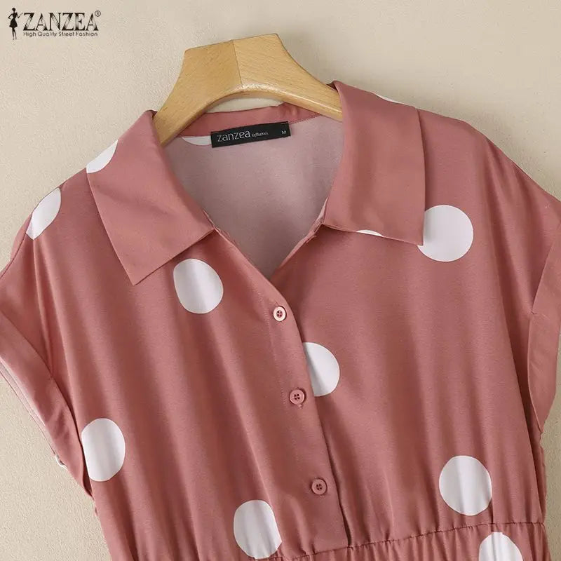 ZANZEA Women Polka Dots Midi Dress Casual Turn-Down Collar Cap Sleeve Half-Button Elastic Waist A-Line Dresses Commute Robes