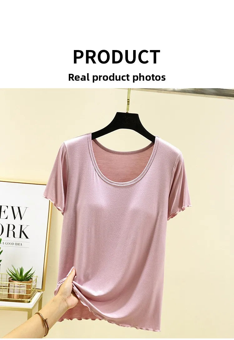Modal No- Bra T-Shirt One-Piece Short Sleeve Women Summer Wear Casual Solid Color Base Layer Outdoor Wear round Neck T-Shirt