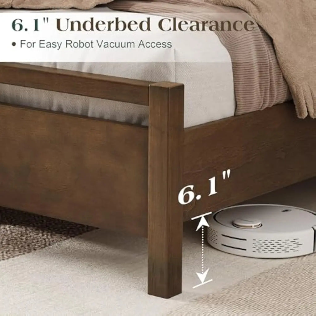 Minimalist Queen Bed Frame in Dark Brown Pine Wood | Noise-Free Platform Design | No Box Spring Required | 30-Min Easy Assembly