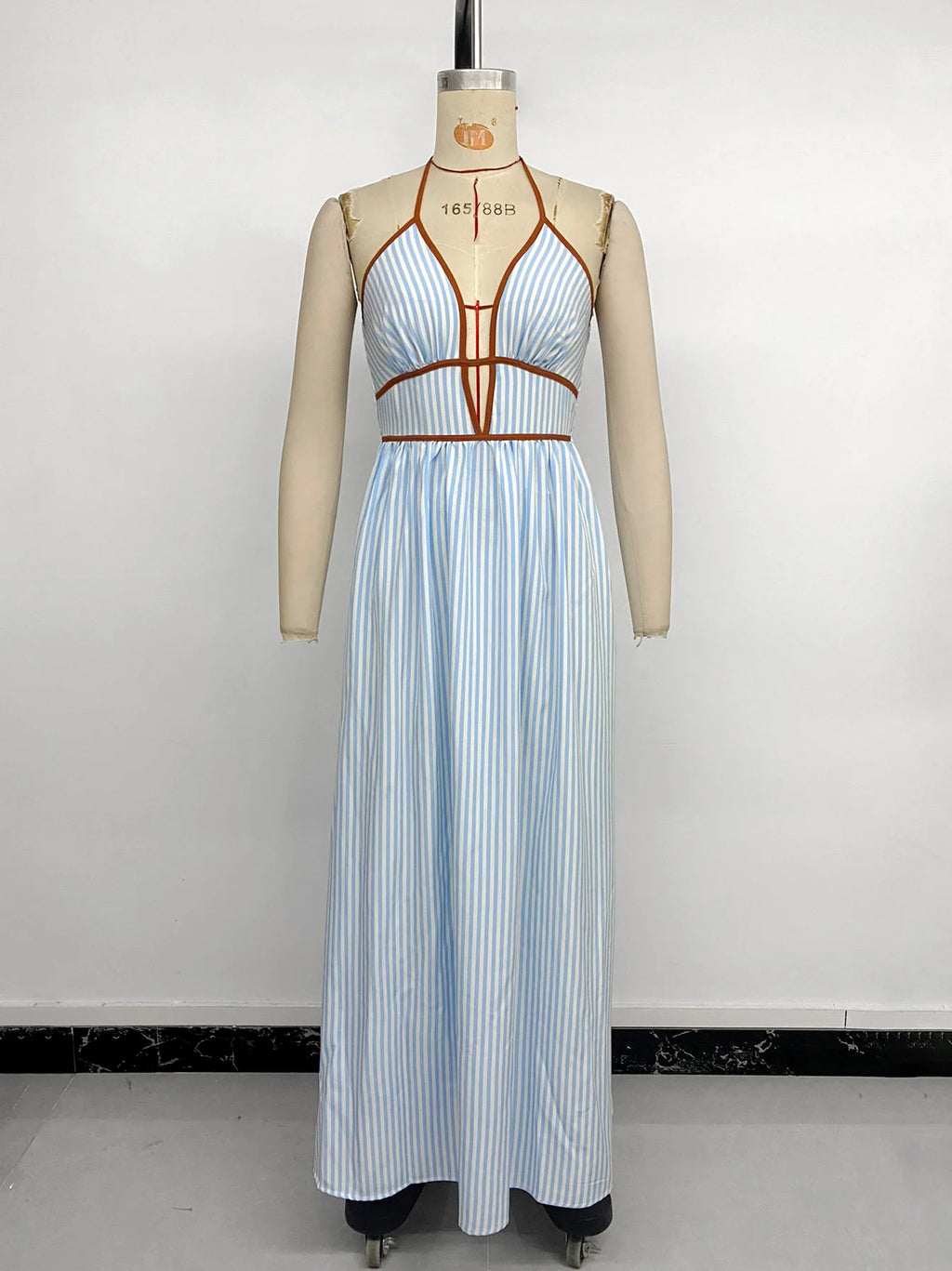 Sexy Backless Sleeveless Neckline Long Dress 2026 Summer New Style Deep V-neck Striped Beach Dress