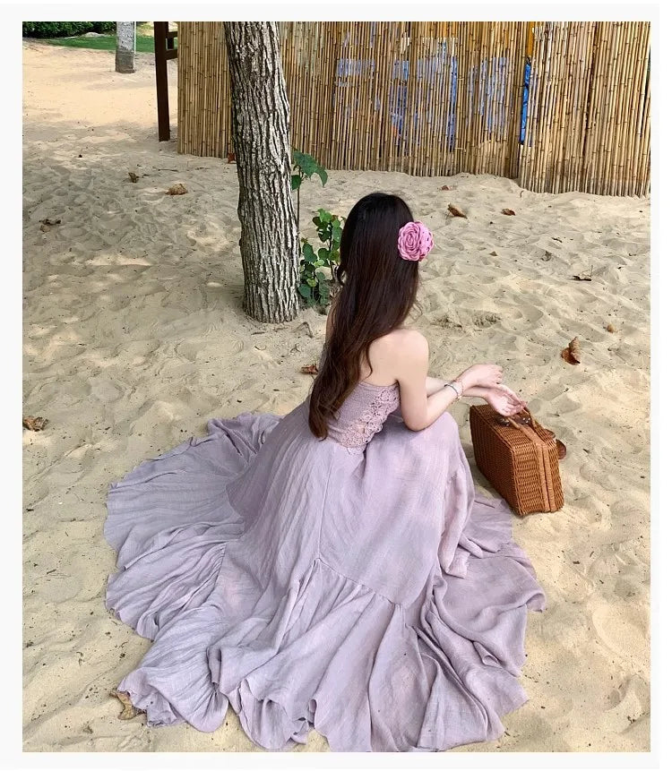 Slimming Dry Rose Splicing Tube Top Beach Dress Women's Style Long A-Line Skirt High Waist No Sleeve Shoulderless Polyester