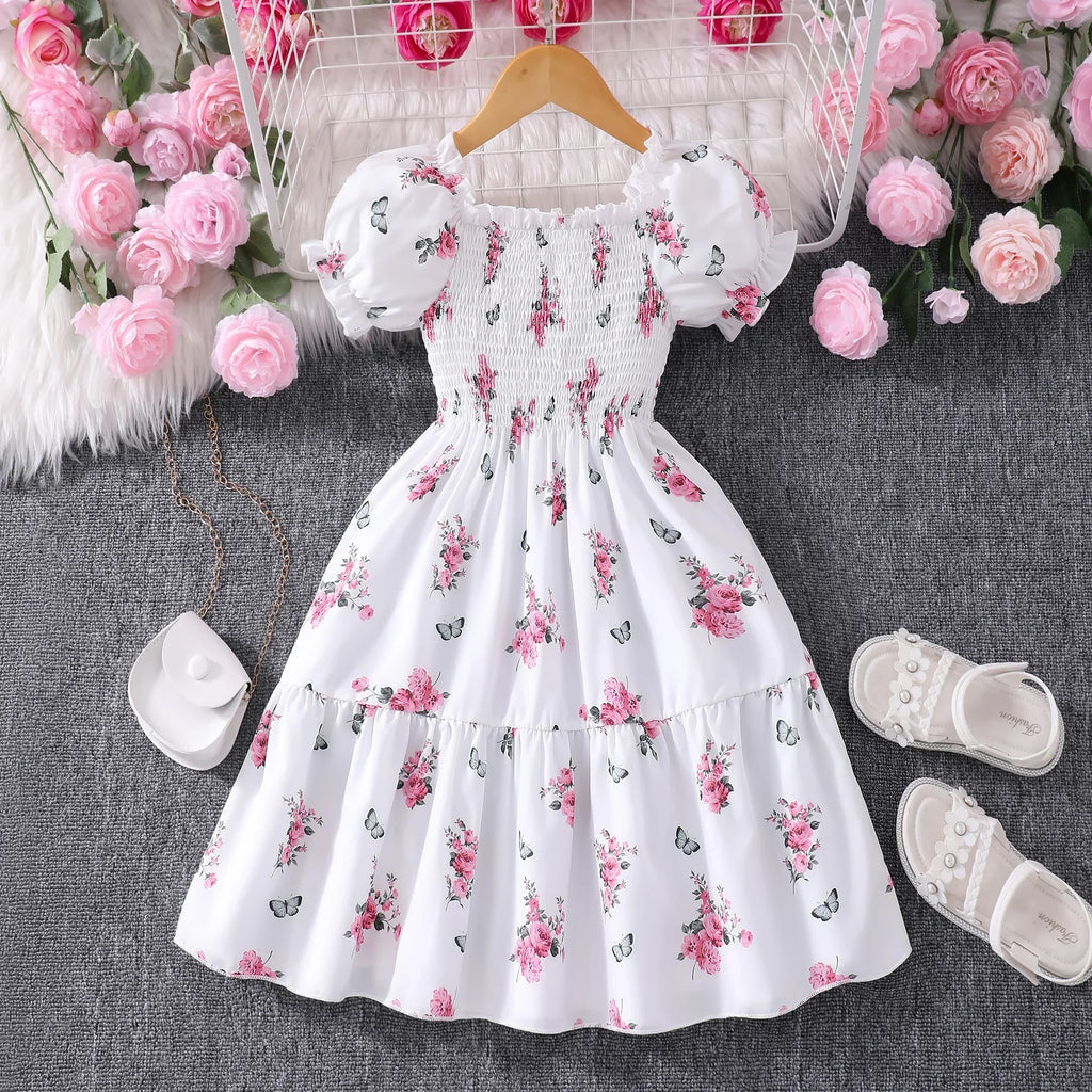 Pink Kids Girl Long Dress Summer Floral Toddler Girls Dresses Cute Sweet Elegant Birthday Party Children Costume 3 4 5 6 7 Yrs