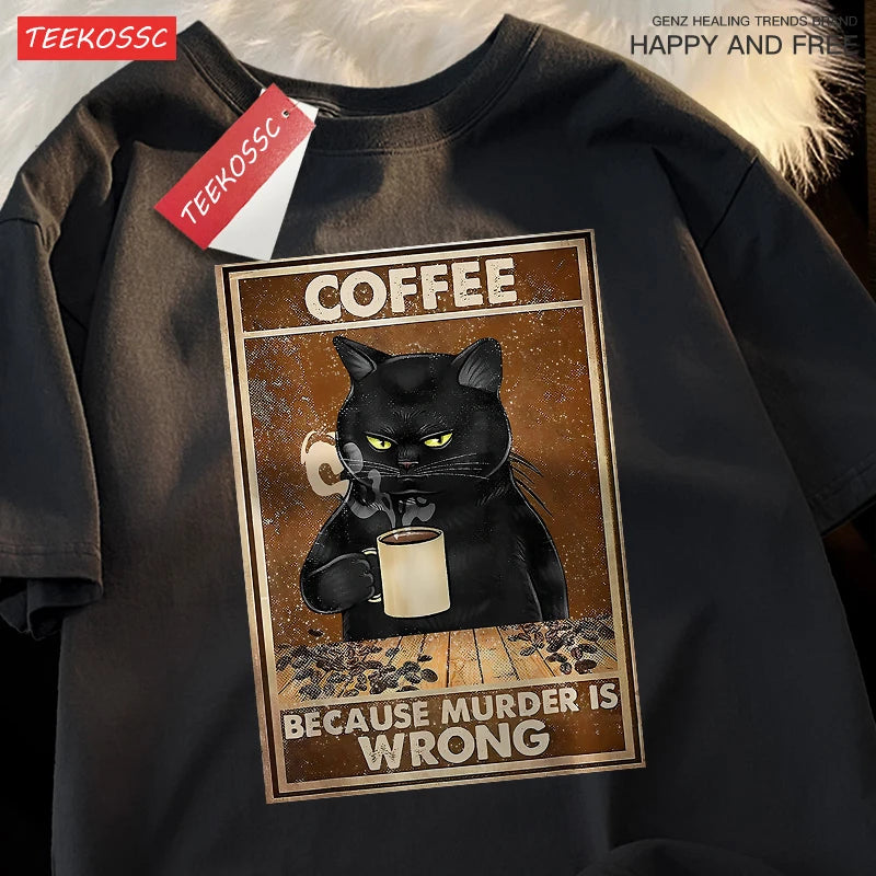 Porque Matar Está Mal Camiseta Unisex Oversize de Algodón Transpirable de Gato Negro Bebiendo Café Ropa Urbana